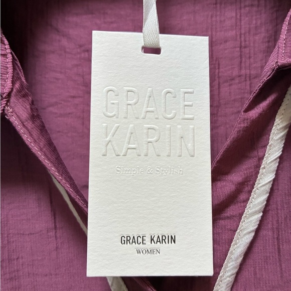 Grace Karin Women's Plum Button Down Shirt with White Trim - Picture 2 of 6